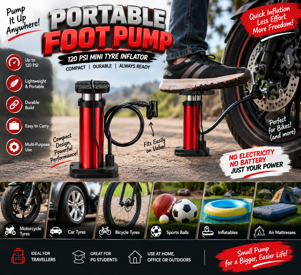 🚗 Portable Mini Foot Pump Tyre Inflator | HERMIT NEXTGEN